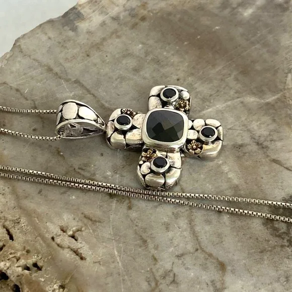 Sterling Silver 925 Black Tourmaline Glass Cross Pendant Necklace 18" Box Chain - Picture 6 of 16